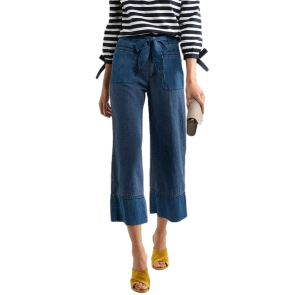 J Crew Wide Leg Chambray Linen Blend Pants Cropped Size 6 High Waist Tie Belt